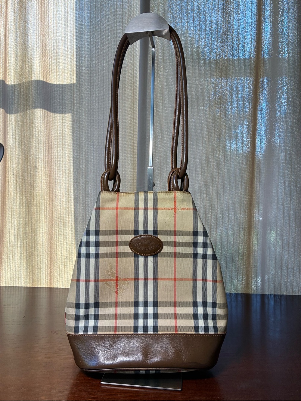 Burberry Beige Plaid Shoulder Bag with Brown Leather Trim